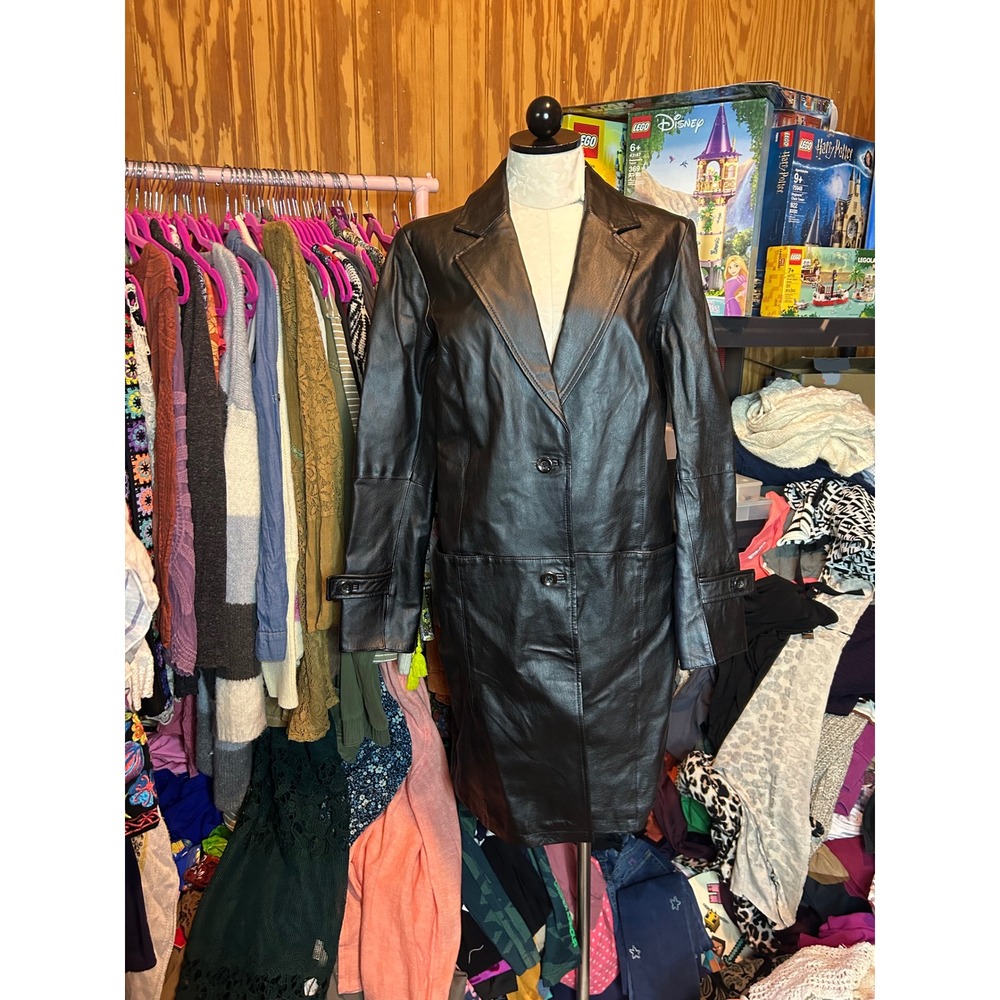 Chadwicks Womens Black Leather Trench Coat Jacket Size 12 Mid Length Buttons - Picture 2 of 8